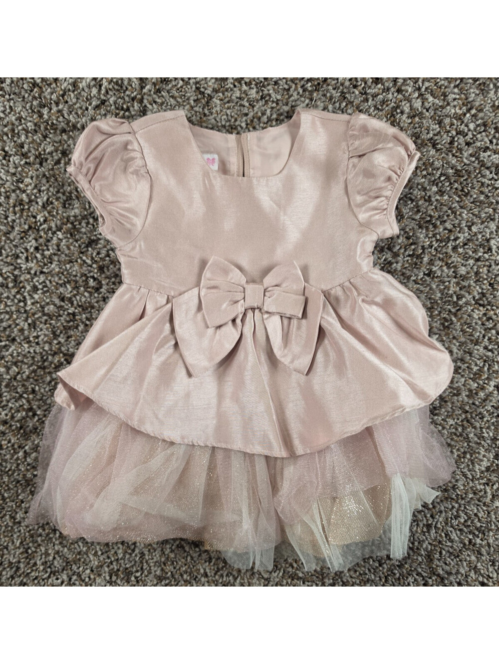 Bonnie Baby Girls Sz 12M Short Sleeve Formal Dress Champagne Pink Gold Tulle Bow